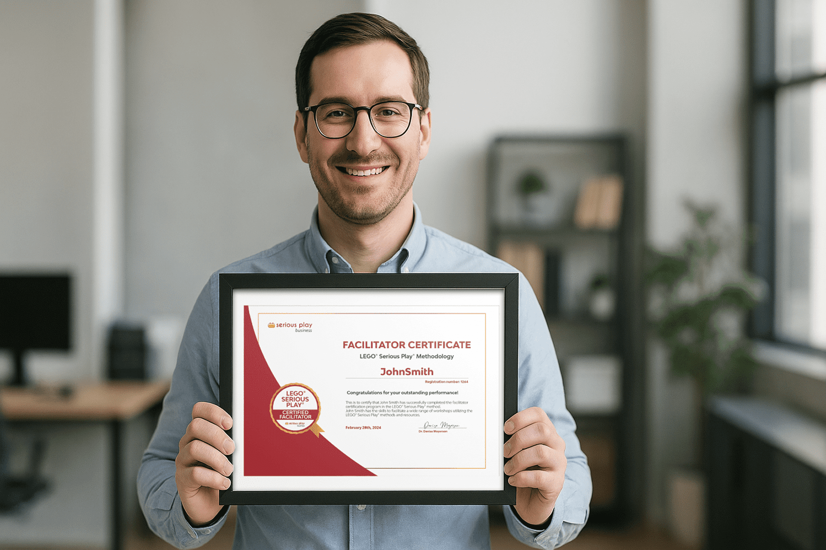 A person holding a LEGO model, symbolizing individual creation and insight.