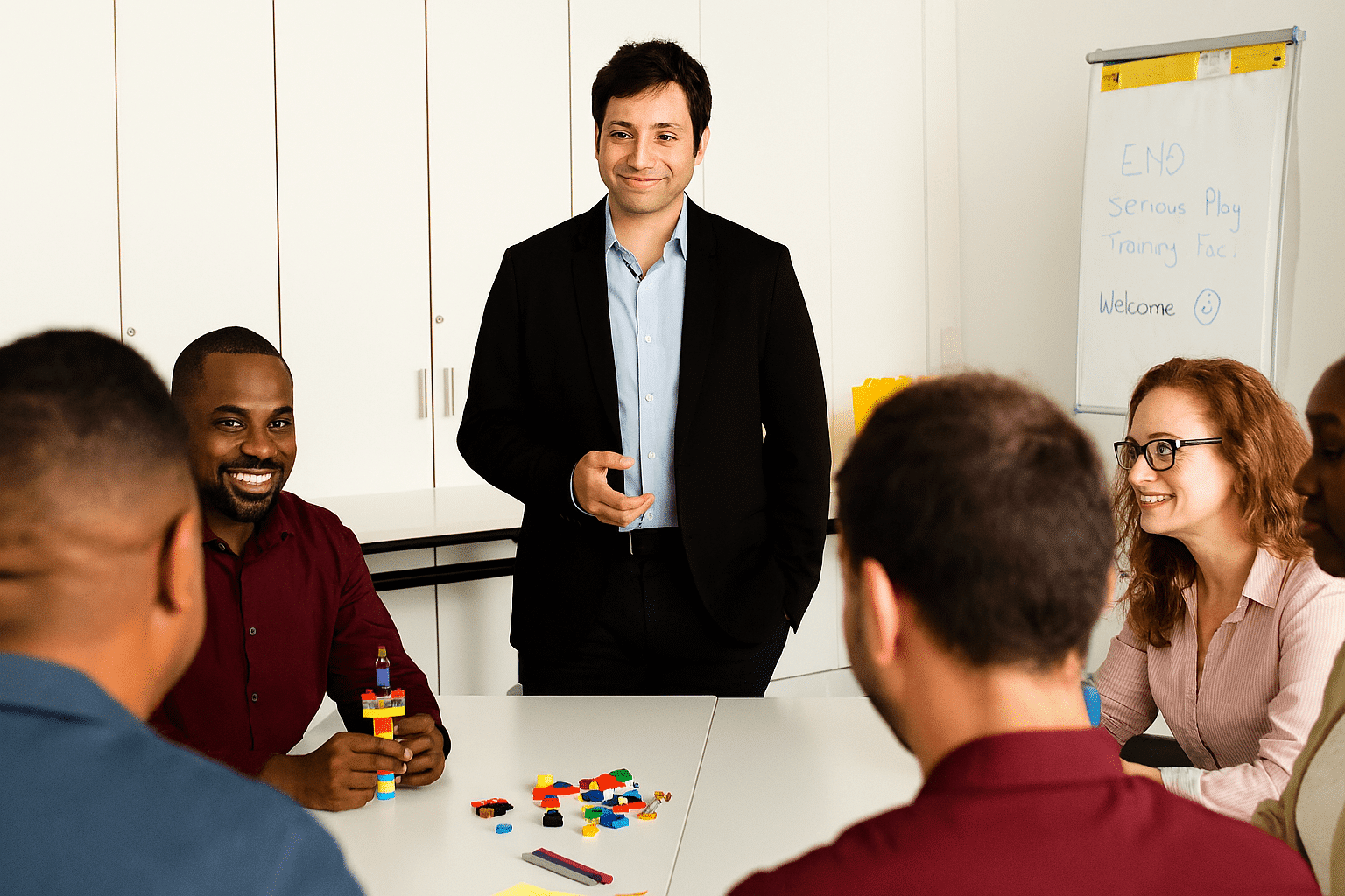 A facilitator pointing to a LEGO model, encouraging discussion.