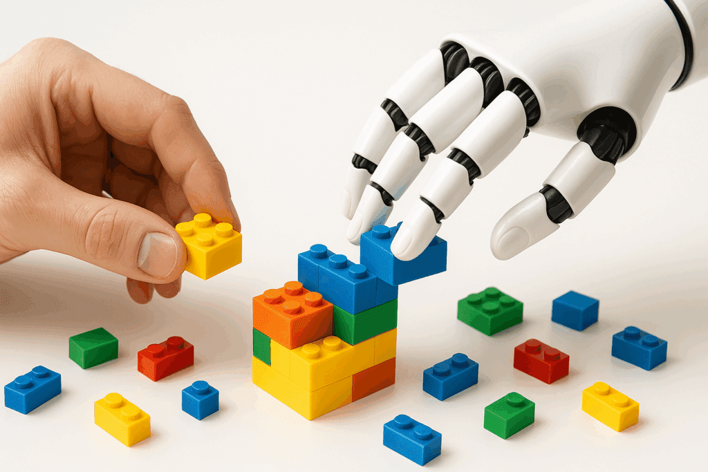 A human hand and a robot hand building with colorful bricks.
