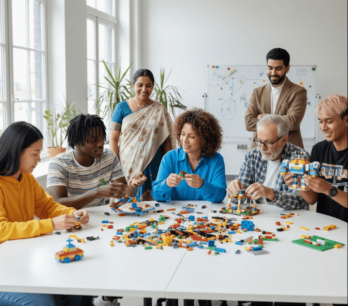 Executives connecting different elements of a LEGO landscape model.