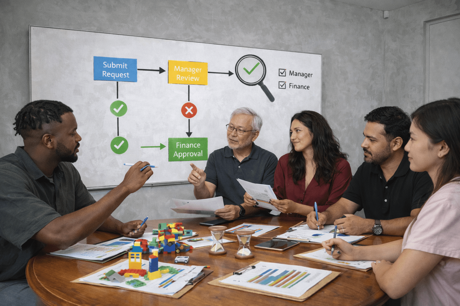 Leaders building a shared LEGO model to visualize their governance operating model.