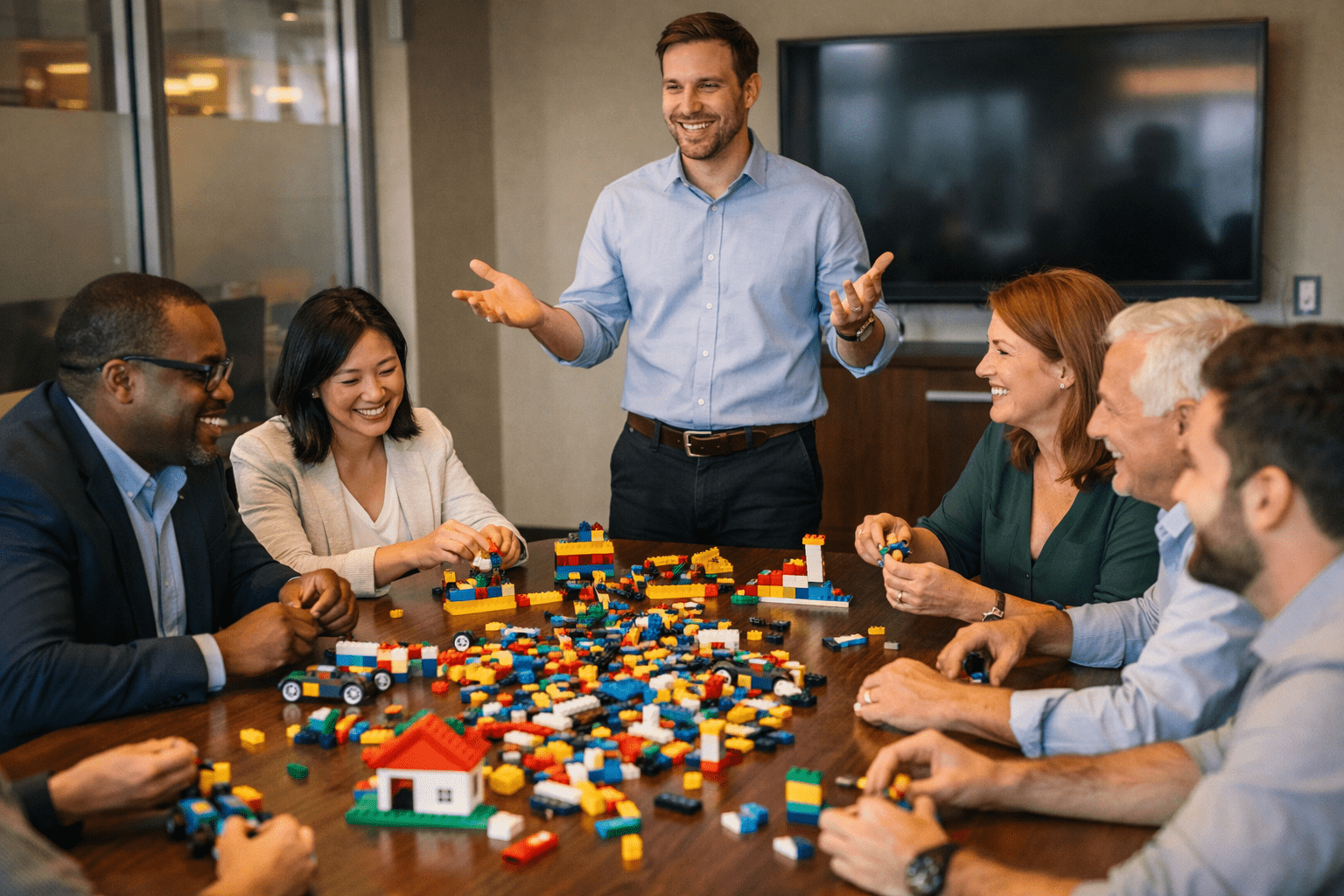 A team mapping out an intricate, interconnected system using LEGO bricks.