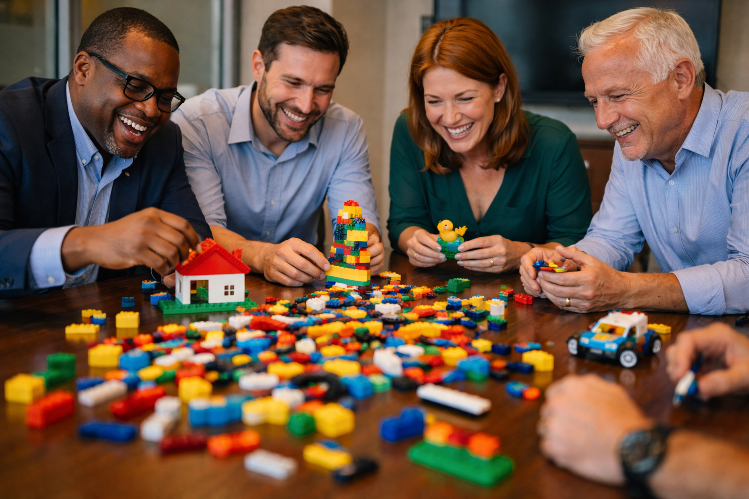 Leaders connecting different elements of a LEGO model representing an organisational system.