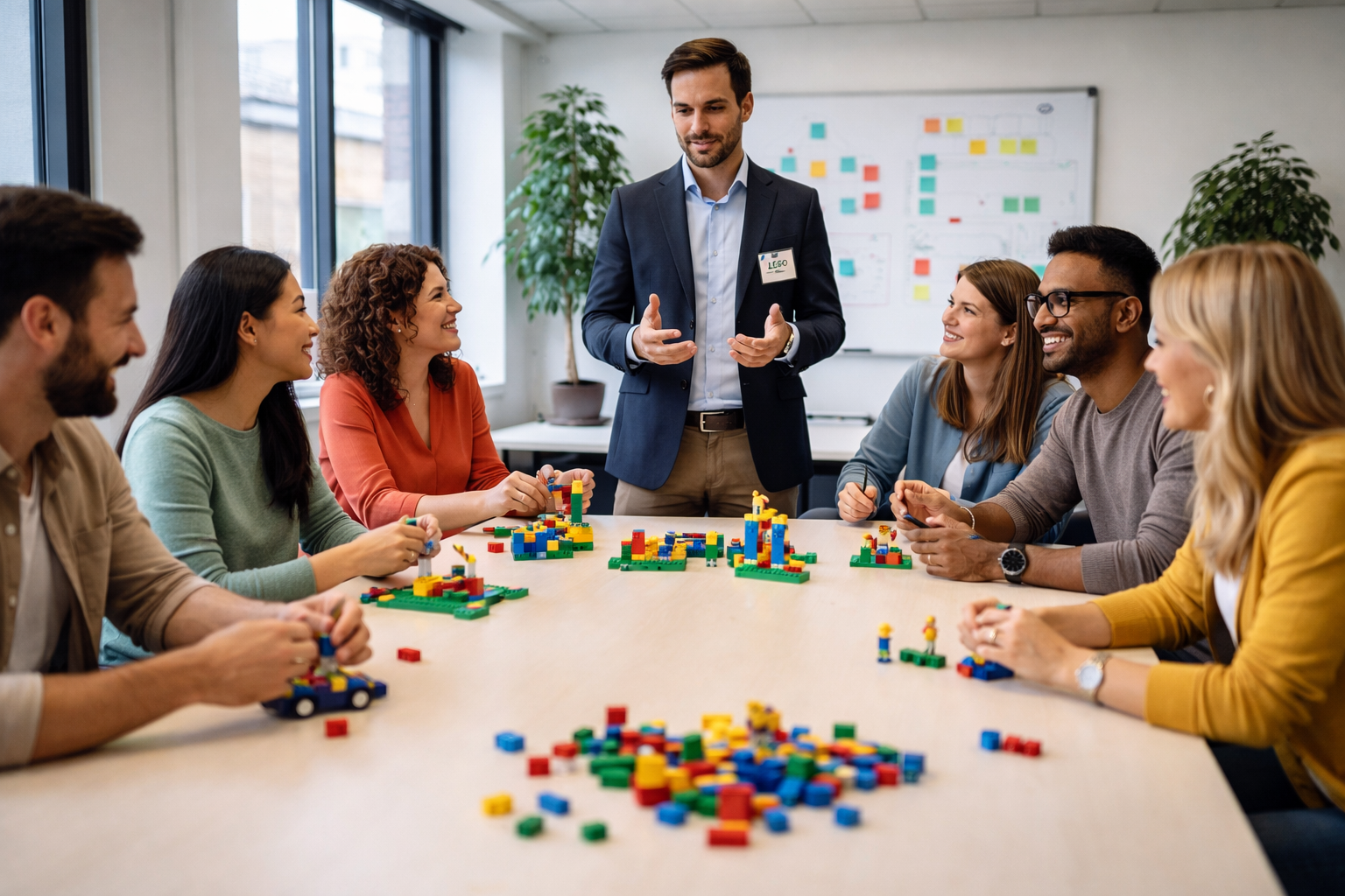 A diverse team of leaders exploring complex metaphors through physical LEGO models.